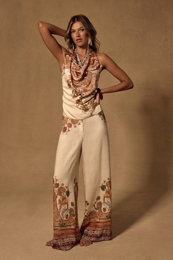 Bahari Cream Multi Boho Print Two-Piece Jumpsuit