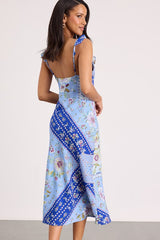 Mellie Blue Floral Scarf Print Ruffled Midi Dress