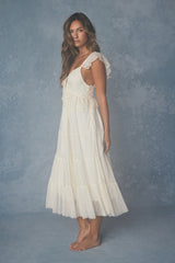 Meli Cream Mixed Media Tiered Midi Dress