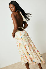 Asa Cream Floral Halter Asymmetrical Midi Dress