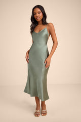 Val Sage Satin Backless Midi Dress