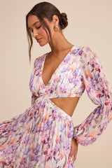 Melea Ivory and Purple Floral Pleated Cutout Maxi Dress