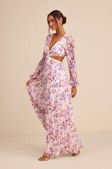 Melea Ivory and Purple Floral Pleated Cutout Maxi Dress