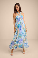 Aminah Blue Multi Floral Pleated Halter Midi Dress