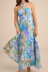 Aminah Blue Multi Floral Pleated Halter Midi Dress