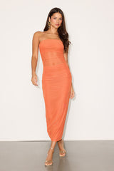 Utterly Attractive Orange Mesh Ruched Strapless Midi Dress