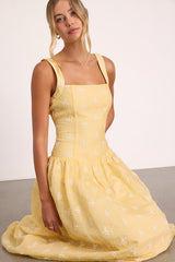 Starletta Yellow Embroidered Drop Waist Maxi Dress