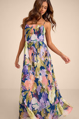 Holloway Dark Blue Multi Floral Pleated Maxi Dress