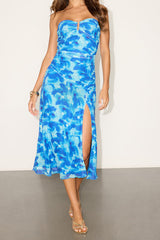 Chania Blue Abstract Strapless Midi Dess