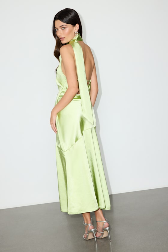 Reglan Lime Satin One-Shoulder Sash Midi Dress