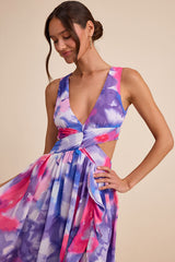 Elisanna Purple Multi Floral Lace-Up Midi Dress
