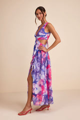 Elisanna Purple Multi Floral Lace-Up Midi Dress
