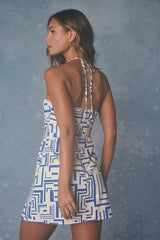 Madelia Blue Abstract Halter Mini Dress