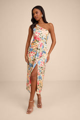 Rhema Cream Multi Floral Print Satin Midi Dress