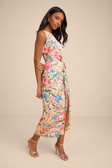 Rhema Cream Multi Floral Print Satin Midi Dress