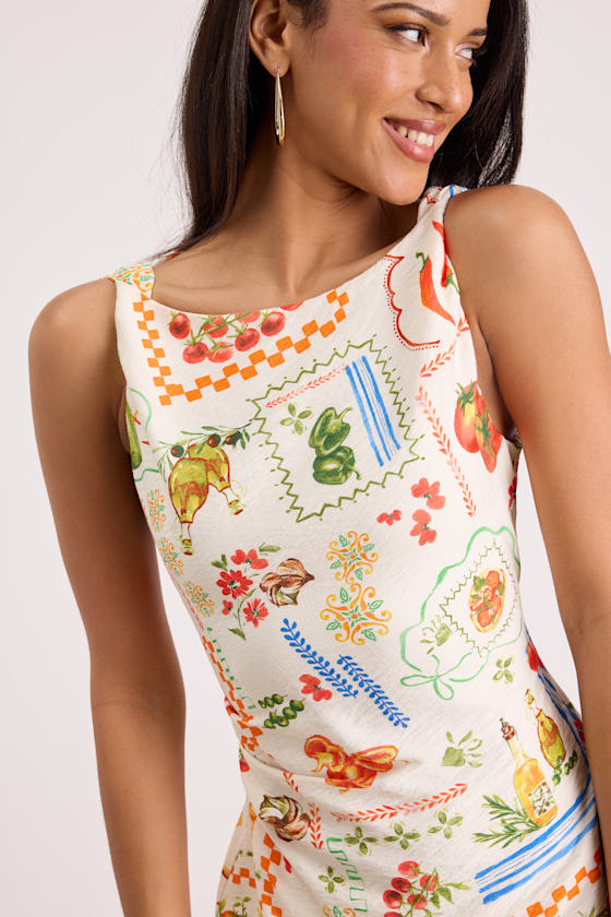 Vittoria Cream Multi Print Twist Strap Mini Dress
