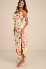 Emery Light Yellow Floral Asymmetrical Ruffled Maxi Dress