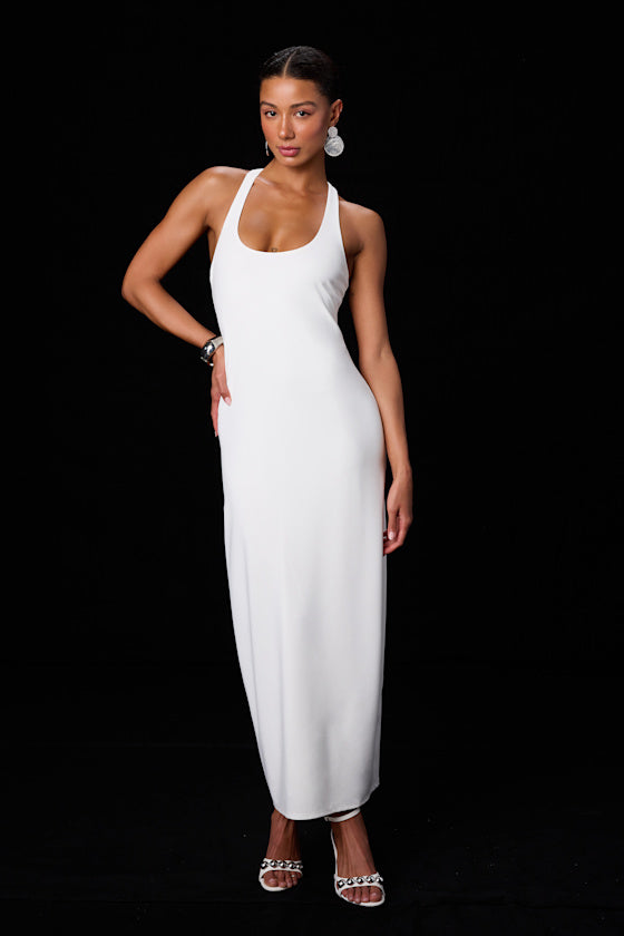 Jalini White Jersey Knit Scoop Neck Maxi Dress