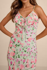 Oshia Sage Multi Floral Ruffled Midi Dress