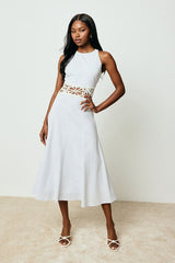 Shya Blue and White Striped Crochet Lace Midi Dress