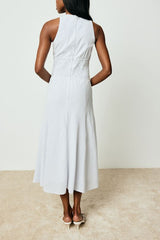 Shya Blue and White Striped Crochet Lace Midi Dress