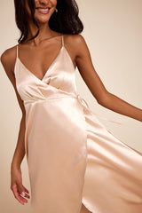 Audria Champagne Satin Wrap High-Low Maxi Dress