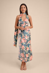 Malani Dark Teal Floral Satin Sash Midi Dress