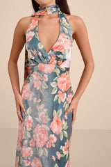 Malani Dark Teal Floral Satin Sash Midi Dress