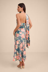 Malani Dark Teal Floral Satin Sash Midi Dress