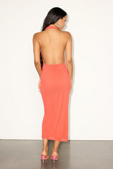Venus Coral Mesh Backless Midi Dress