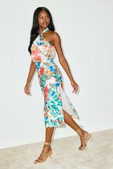 Jacey White Multi Floral Satin Halter Midi Dress