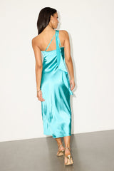 Naima Turquoise Satin One-Shoulder Midi Dress