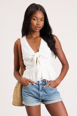 Admirable Cutie White Tie-Front Ruffled Sleeveless Top
