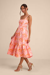 Avalie Pink Floral Jacquard Tiered Bustier Midi Dress