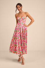 Francena Pink Multi Floral Bustier Midi Dress