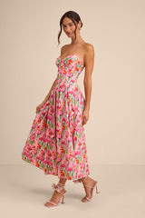 Francena Pink Multi Floral Bustier Midi Dress