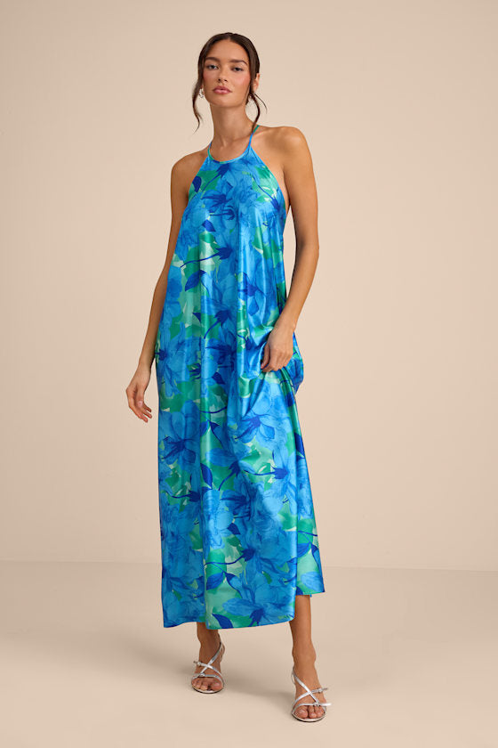 Imana Blue and Green Floral Satin Shift Midi Dress