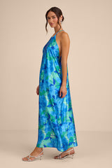 Imana Blue and Green Floral Satin Shift Midi Dress