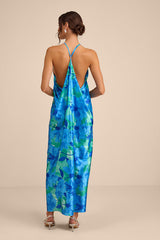 Imana Blue and Green Floral Satin Shift Midi Dress