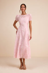 Elfrieda Blush Floral Embroidered Puff Sleeve Midi Dress