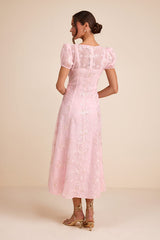 Elfrieda Blush Floral Embroidered Puff Sleeve Midi Dress