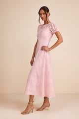 Elfrieda Blush Floral Embroidered Puff Sleeve Midi Dress
