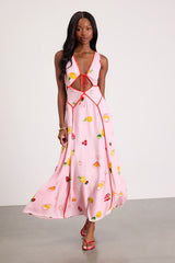 Nabina Light Pink Multi Print Tie-Front Maxi Dress