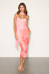 Morena Light Pink Abstract Mesh Sash Scarf Midi Dress