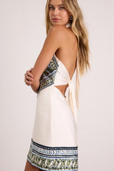 Ayson Ivory and Green Scarf Print Halter Mini Dress