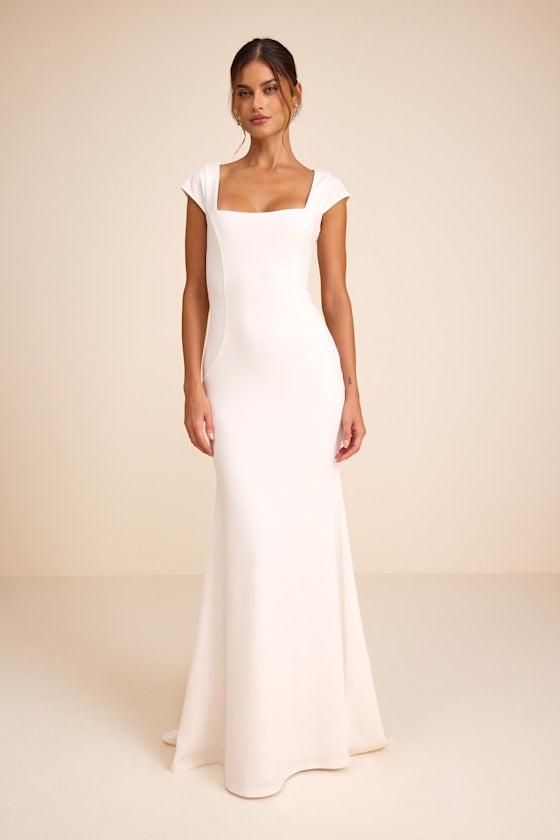 Alena White Cap Sleeve Mermaid Maxi Dress