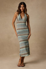 Majesty Turquoise and Brown Crochet Halter Midi Dress
