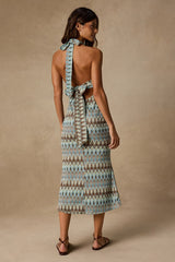 Majesty Turquoise and Brown Crochet Halter Midi Dress