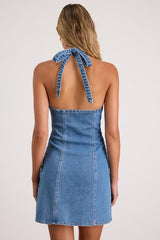 Luce Medium Wash Denim Halter Mini Dress
