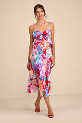 Augustina Red Multi Floral Satin Ruffled Midi Dress